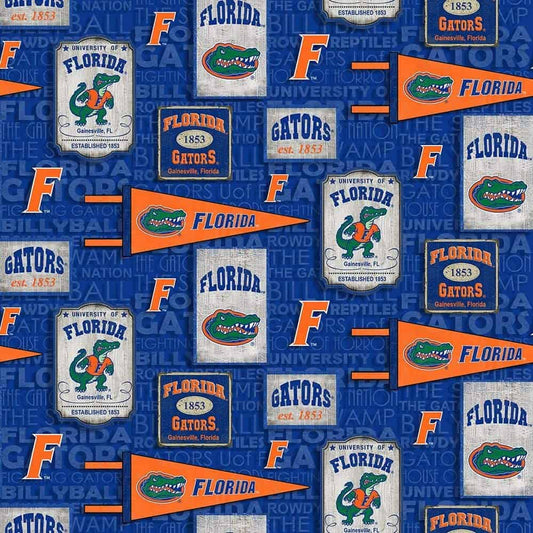 Florida Gators NCAA College Vintage Pennant Blue Sykel Cotton Fabric FL-1267