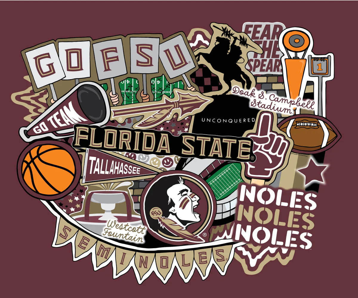 Florida State Seminoles NCAA College Doodle Panel 36''x43'' Sammy Sykel Enterprises Cotton Fabric SYK-FSU-2000