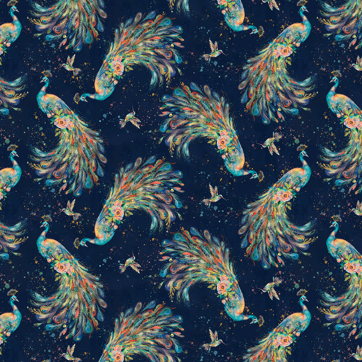 Flourish and Grace Midnight Feathers Peacock Navy Blue Sally Barlow 3 Wishes Cotton Fabric 3W-24559-NV