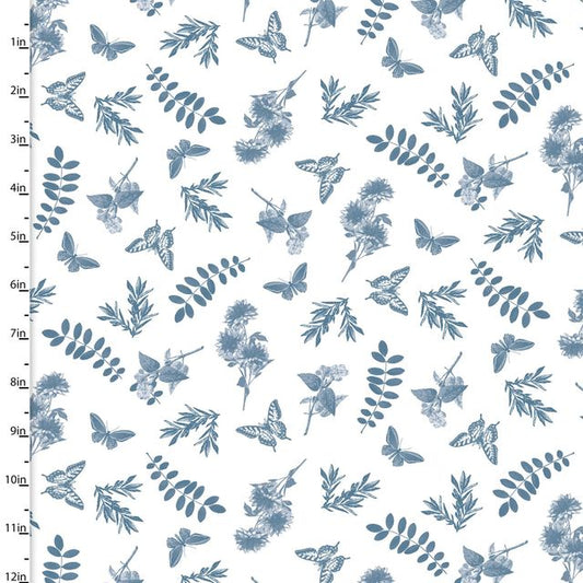 Flower Junction Floating Foliage Butterflies Blue and White Jennifer Ellory 3 Wishes Cotton Fabric