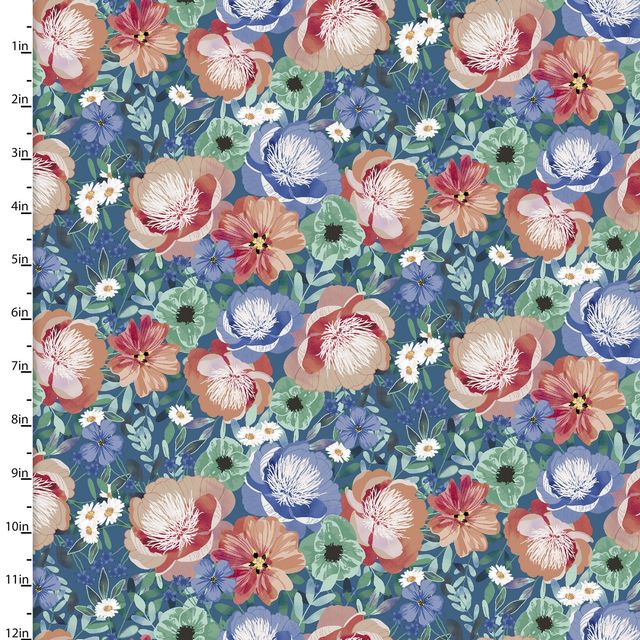 Flower Junction Floral Garden Blue Jennifer Ellory 3 Wishes Cotton Fabric