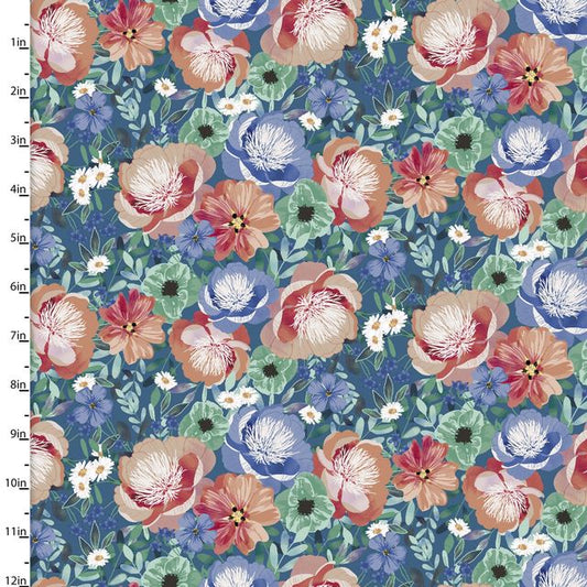 Flower Junction Floral Garden Blue Jennifer Ellory 3 Wishes Cotton Fabric