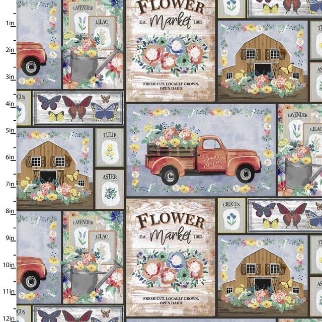Flower Junction Market Patchwork Red Truck Barns Flower Market Jennifer Ellory 3 Wishes Cotton Fabric