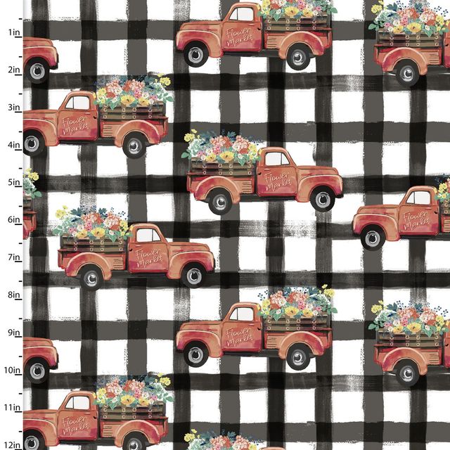 Flower Junction Red Trucks Gingham Jennifer Ellory 3 Wishes Cotton Fabric