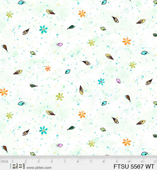 Flower To The Sun Paint Splatter & Petal Toss Green Robin Mead P&B Textiles Cotton Fabric PB-FTSU-5567-WT