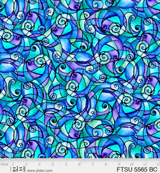 Flower To The Sun Stained Glass Swirl Blue Robin Mead P&B Textiles Cotton Fabric PB-FTSU-5565-BC