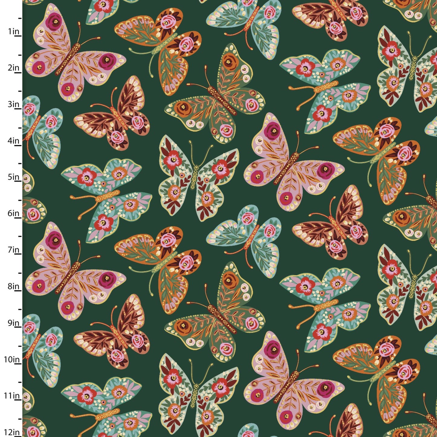 Folk Flora Tossed Butterfly Green Caroline Alfreds 3 Wishes Cotton Fabric