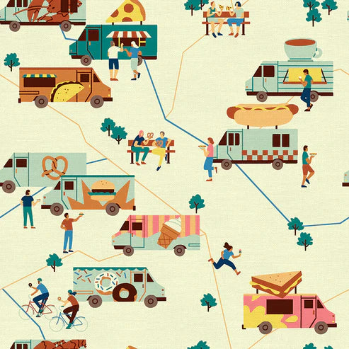 Food Trucks Allover Trucks Ecru Cream Jeannie Phan Paintbrush Studio Cotton Fabric