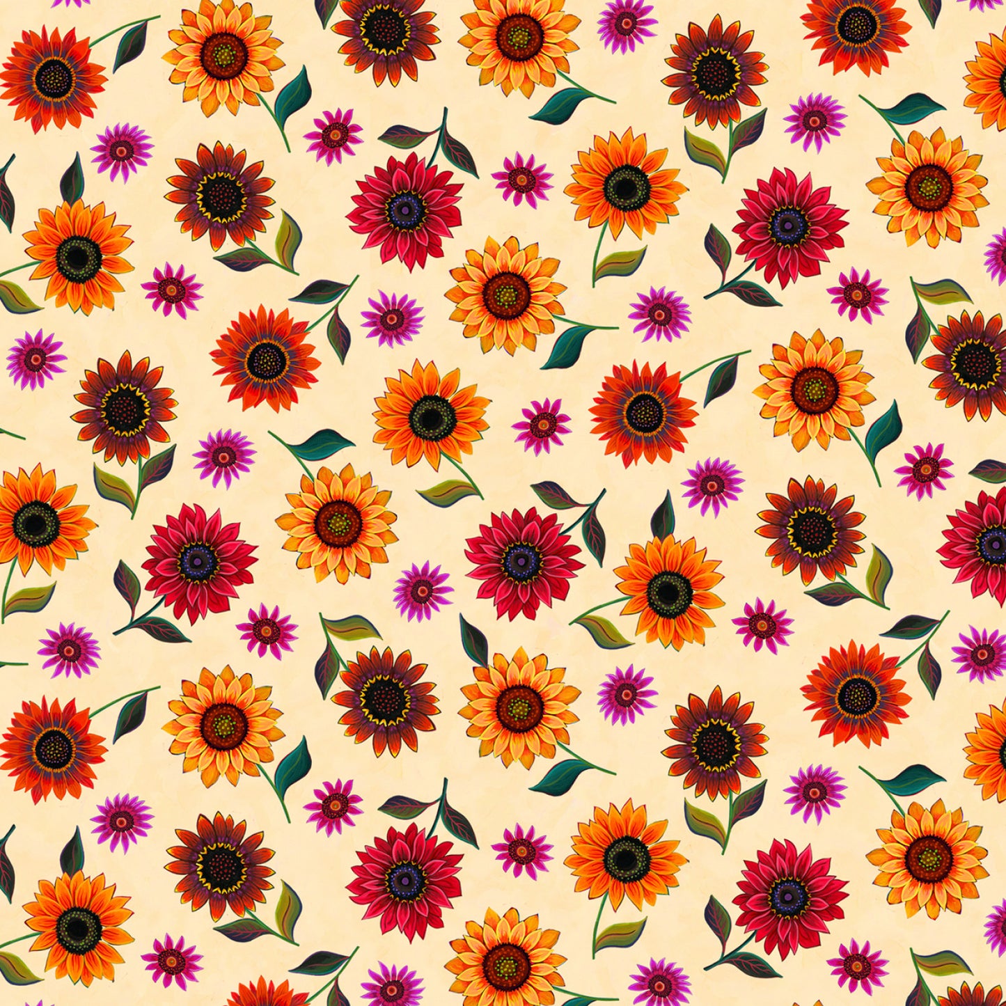 For the Love of Sunflowers Tossed Small Flowers Cream Peggy Davis Elizabeth's Studio Cotton Fabric ES-42002-CREAM