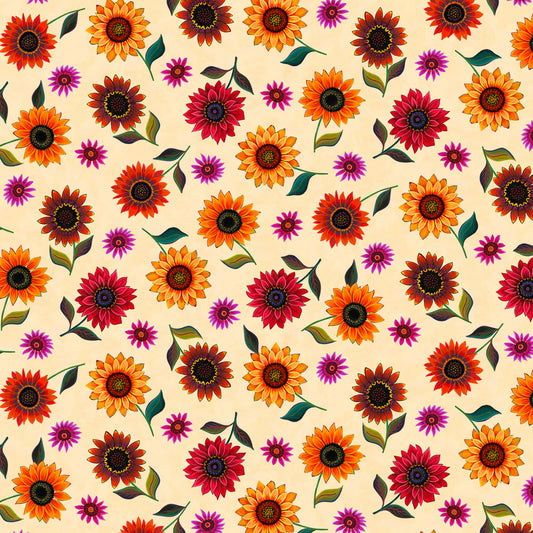 For the Love of Sunflowers Tossed Small Flowers Cream Peggy Davis Elizabeth's Studio Cotton Fabric  ES-42002-CREAM