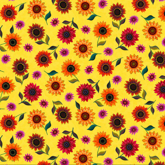 For the Love of Sunflowers Tossed Small Flowers Yellow Peggy Davis Elizabeth's Studio Cotton Fabric ES-42002-YELLOW