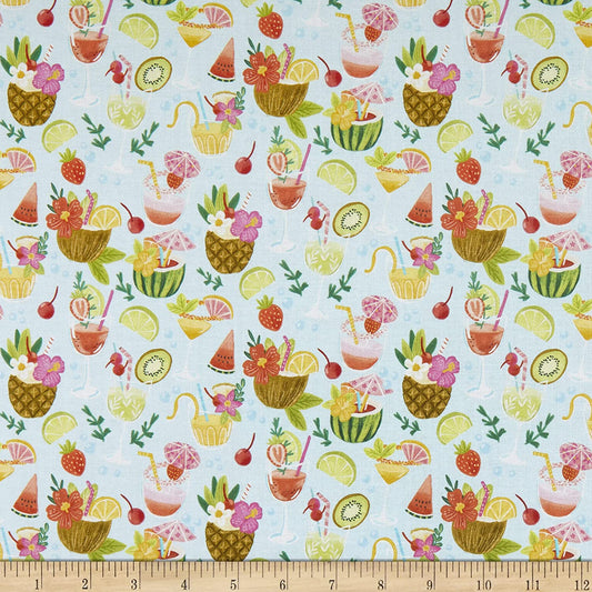Forever Summer Tropical Cocktail Drinks Aqua Olivia Timeless Treasures Cotton Fabric TT-CD1325 Aqua
