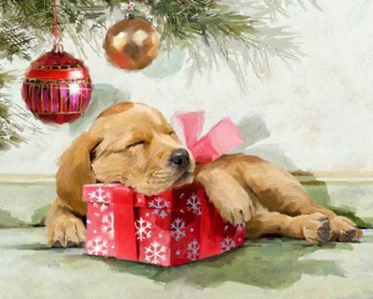 Four Seasons Sleepy Puppy Christmas Tree Scene Panel 35" Art Licensing David Textiles Cotton Fabric DT-AL-4553-1C-1 Multi