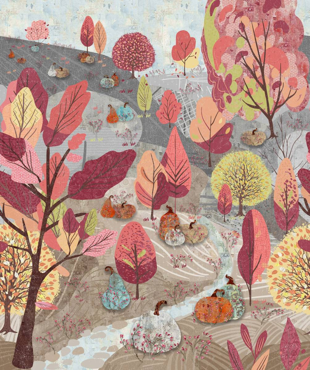 Free Falling Pumpkin Hill Running Yardage Storm Grey Red Funny Girl Studio E Cotton Fabric SE-9026-71