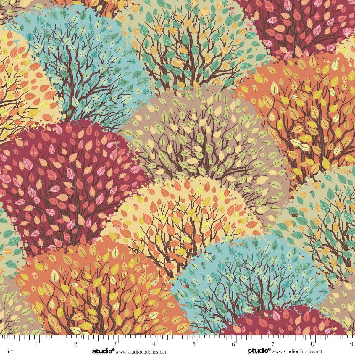 Free Falling Tree Grove Butterscotch Multi Funny Girl Studio E Cotton Fabric SE-9028-48