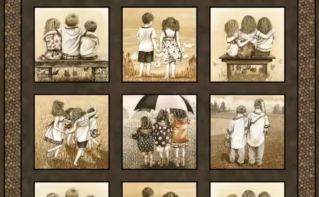 Friends Forever Panel 24" Sepia Brown Tracy Lizotte Elizabeth's Studio Cotton Fabric ES-4333-SEPIA