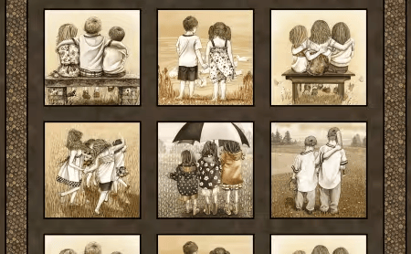 Friends Forever Panel 24" Sepia Brown Tracy Lizotte Elizabeth's Studio Cotton Fabric ES-4333-SEPIA | US Fabric Shop