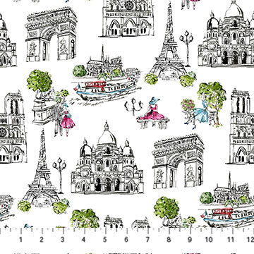 From Paris With Love Paris Scenes White Multi Deborah Edwards Northcott Cotton Fabric NC-27325-10