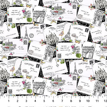 From Paris With Love Post Cards Black Multi Deborah Edwards Northcott Cotton Fabric NC-27326-99