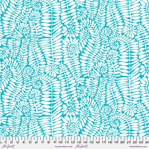 Fronds White and Teal Brandon Mably August 2022 Kaffe Fassett Collective Free Spirit Cotton Fabric FS-PWBM085.WHITE