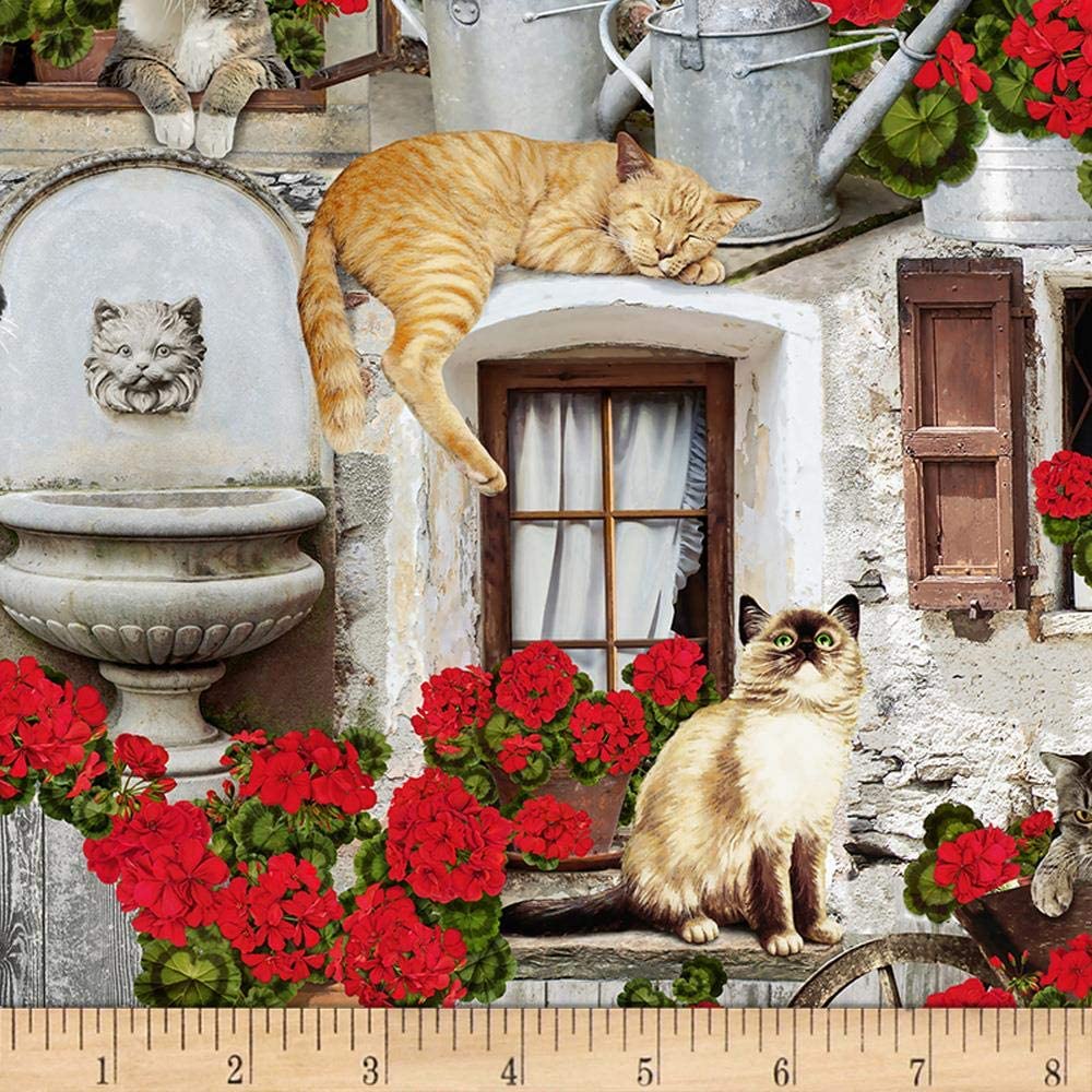 Front Porch Cats Geraniums Porch Timeless Treasures Cotton Fabric TT-C6381 Multi