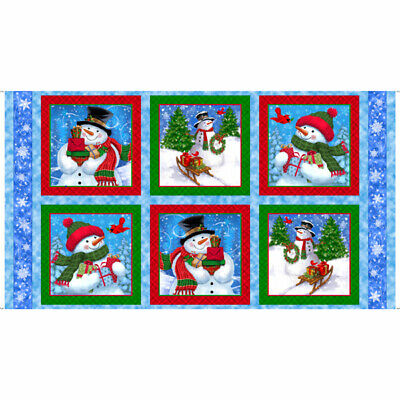 Frosty Friends Snowmen Picture Patches Blue Panel 24" Quilting Treasures Cotton Fabric
