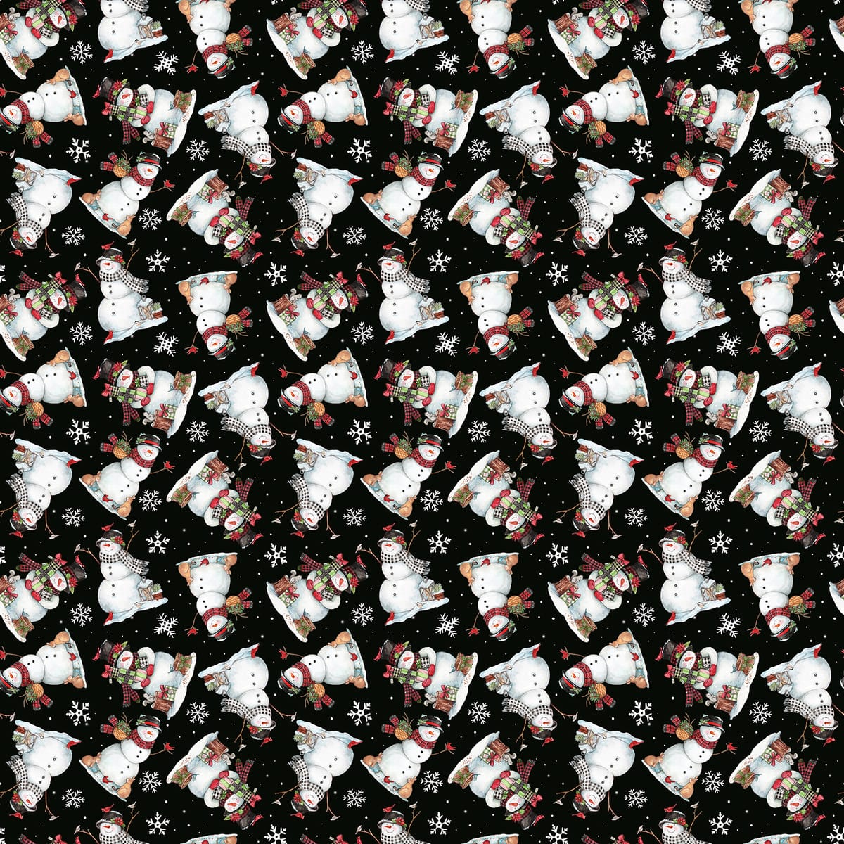 Frosty Hollow Snowman Toss Black Melinda Hipsher 3 Wishes Cotton Fabric 3W-24599-BLK | US Fabric Shop