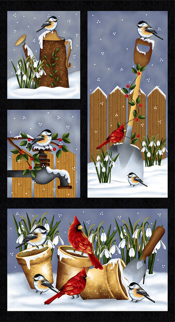 Frozen in Time Chickadee Blocks Panel 24" Black Jan Mott Henry Glass Cotton Fabric | US Fabric Shop