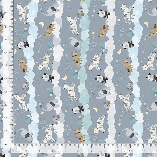 Full of Wonder Animal Parade Stripe Grey and Blue Timeless Treasures Cotton Fabric TT-CD1620 Grey