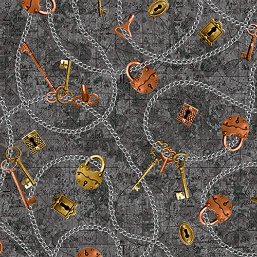 Full Steam Ahead Chains, Keys and Locks Gray Urban Essence Designs Blank Quilting Cotton Fabric