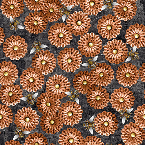 Full Steam Ahead Flowers & Bees Copper Brown Urban Essence Designs Blank Quilting Cotton Fabric
