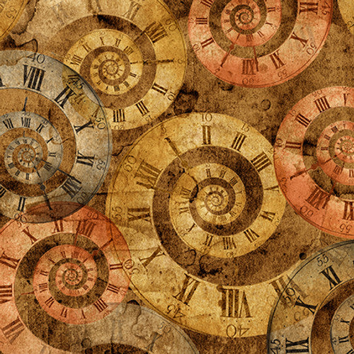 Full Steam Ahead Large Clock Swirls Cocoa Brown Urban Essence Designs Blank Quilting Cotton Fabric