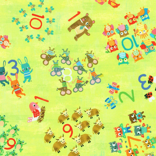 Fun-2-3 Animals Numbers Lime Louise Anglicas Robert Kaufman Cotton Fabric
