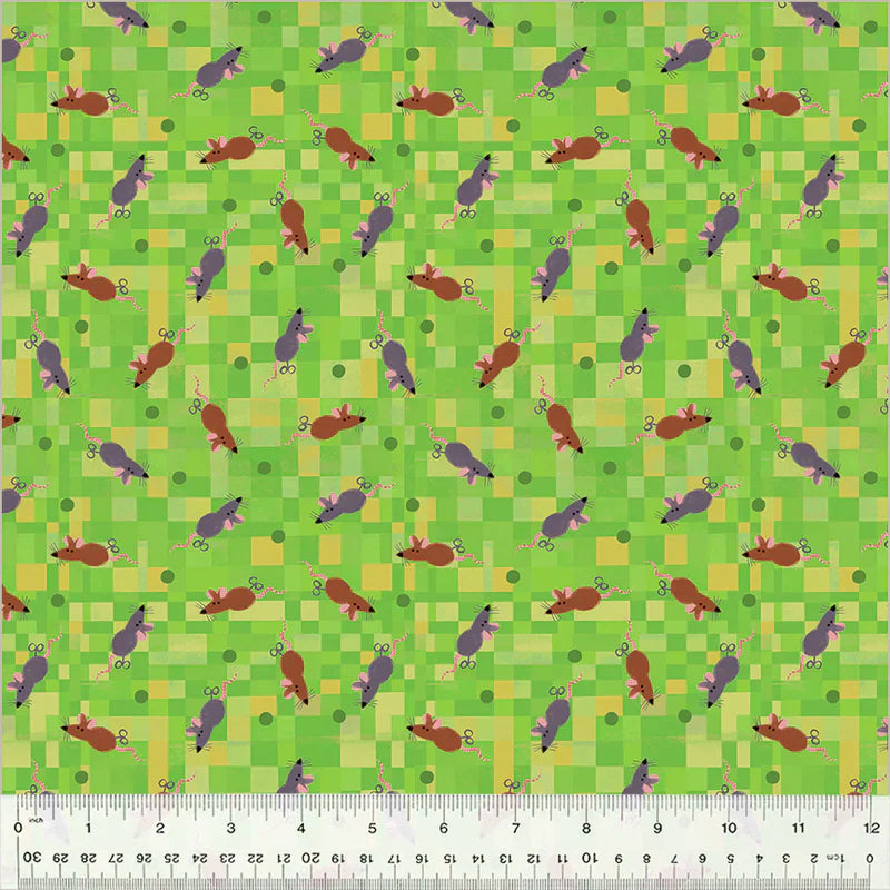 Fur-ever Friends Mouse Play Green Gareth Lucas Windham Cotton Fabric WF-54532D-4