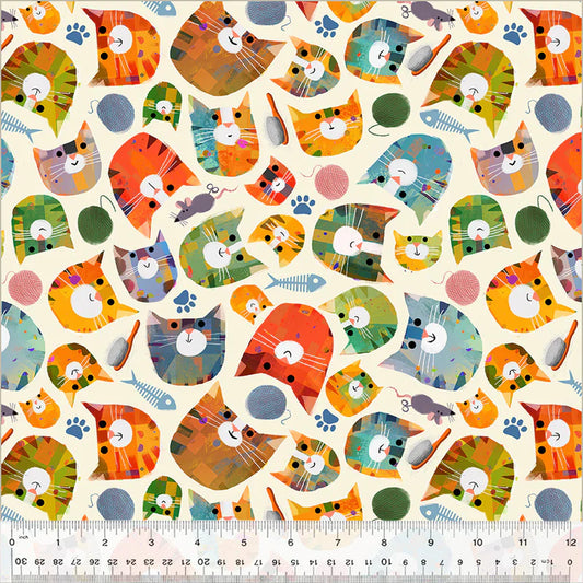 Fur-ever Friends Silly Kitty Ivory Cream Gareth Lucas Windham Cotton Fabric WF-54530D-3