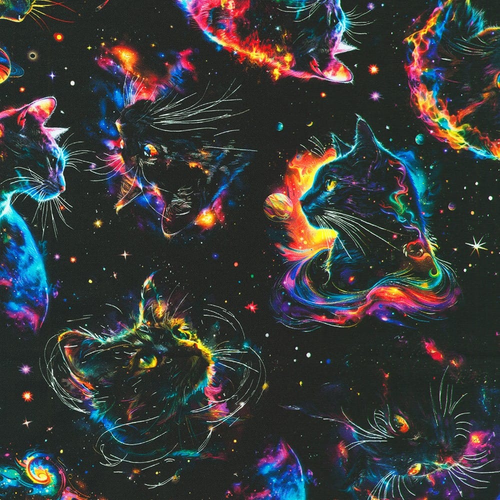 Galaxy Cats Space Cats and Stars Celestial Black Multi Robert Kaufman Cotton Fabric RK-SRKD-23924-325 | US Fabric Shop