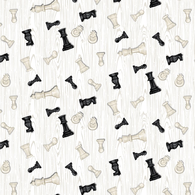 Game Night Tossed Chess Pieces White Ninette Parisi Henry Glass Cotton Fabric HG-707-01