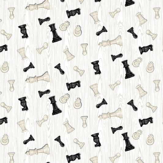 Game Night Tossed Chess Pieces White Ninette Parisi Henry Glass Cotton Fabric HG-707-01