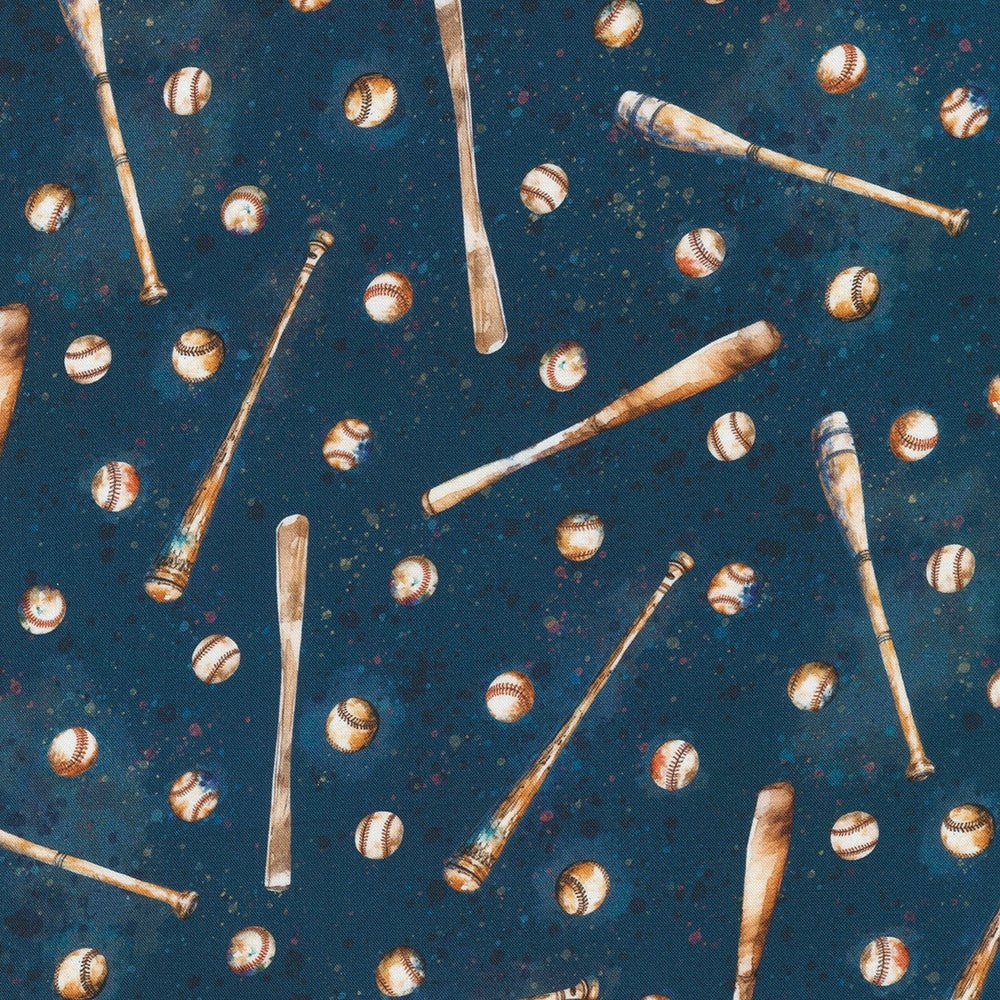 Game Day Balls and Bats Navy Blue Robert Kaufman Cotton Fabric RK-SRKD-22910-9