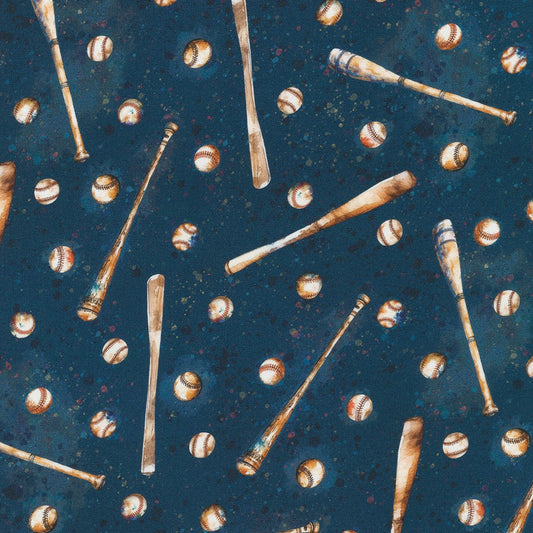 Game Day Balls and Bats Navy Blue Robert Kaufman Cotton Fabric RK-SRKD-22910-9
