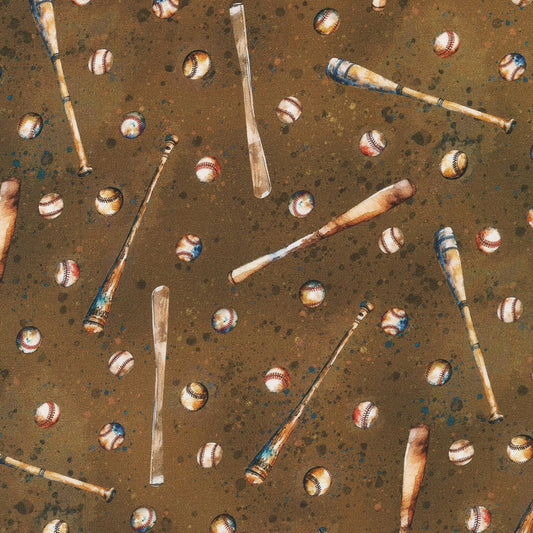 Game Day Balls and Bats Suede Brown Robert Kaufman Cotton Fabric RK-SRKD-22910-442