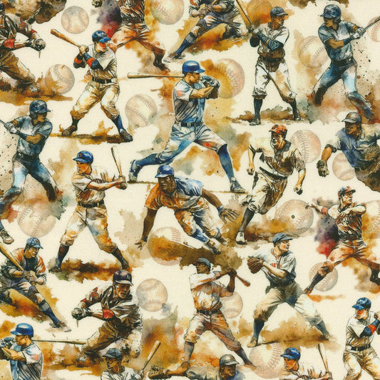 Game Day Baseball Players Vintage Robert Kaufman Cotton Fabric RK-SRKD-22908-200