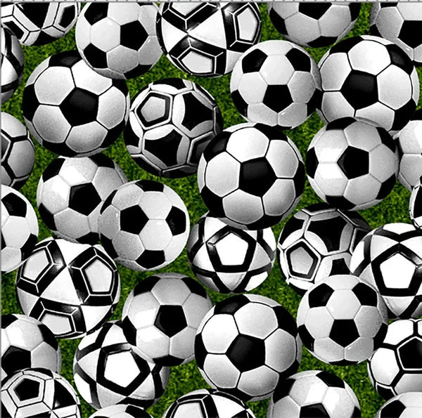 Game Day Soccer Balls Allover Black and White Green Oasis Fabrics Cotton Fabric