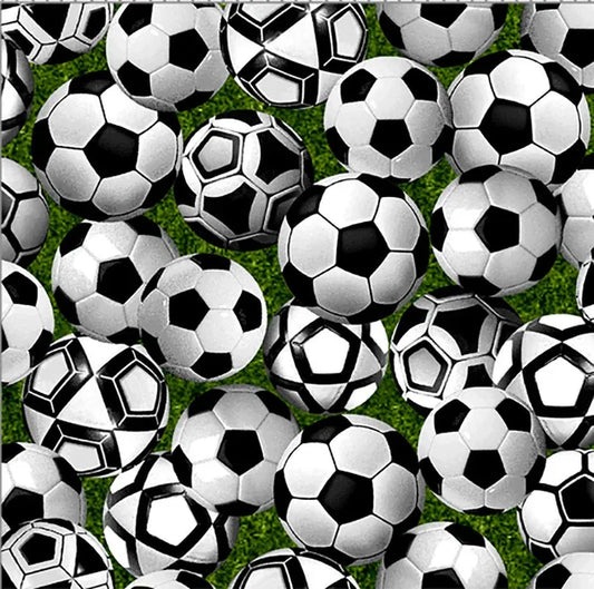 Game Day Soccer Balls Allover Black and White Green Oasis Fabrics Cotton Fabric