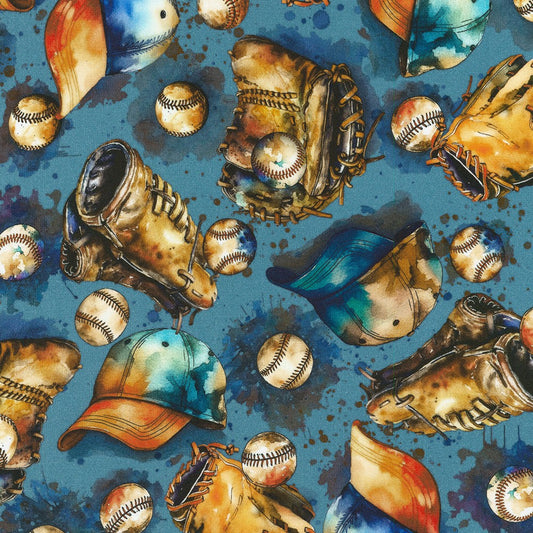 Game Day Tossed Baseball Gears Blue Robert Kaufman Cotton Fabric RK-SRKD-22909-4