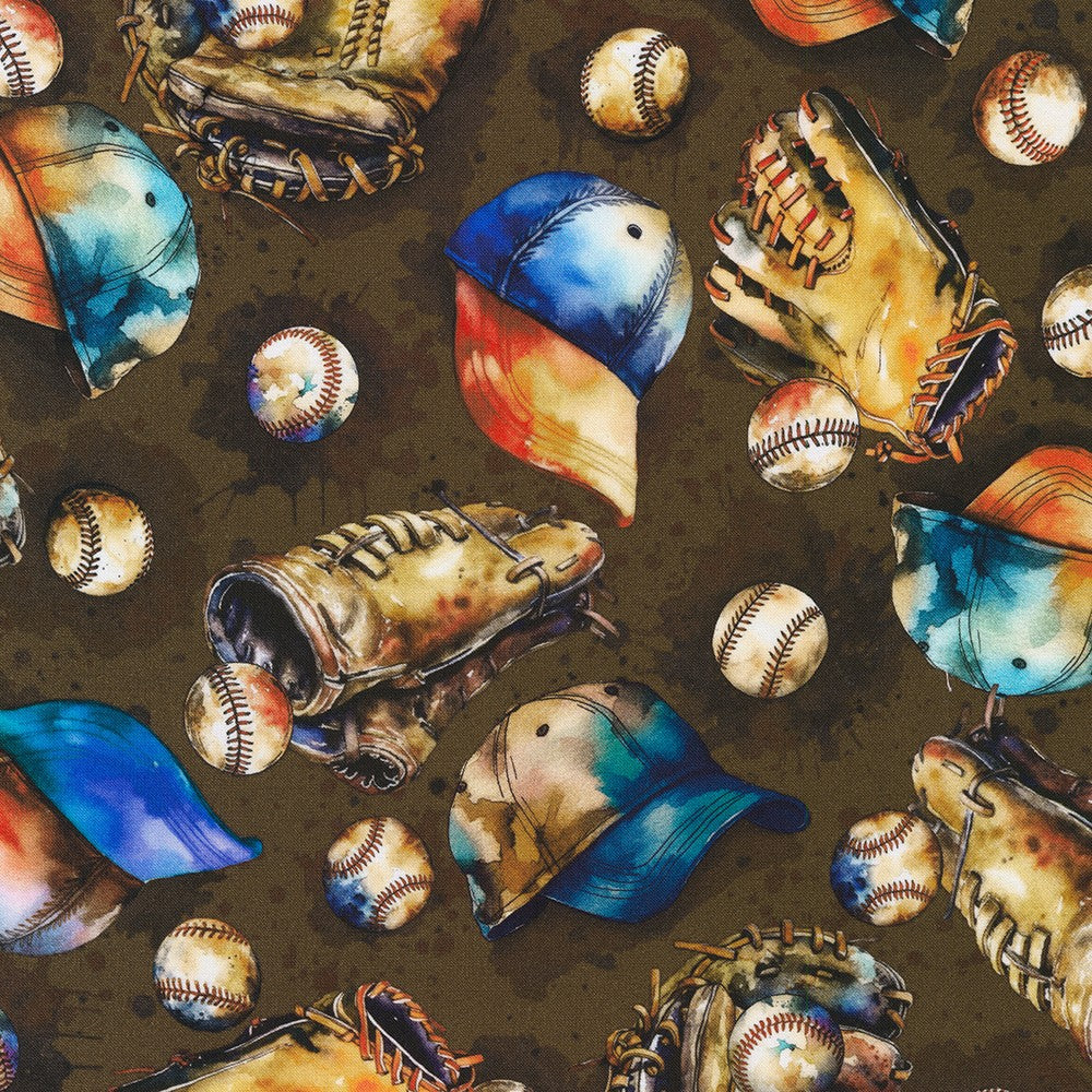 Game Day Tossed Baseball Gears Brown Robert Kaufman Cotton Fabric RK-SRKD-22909-16