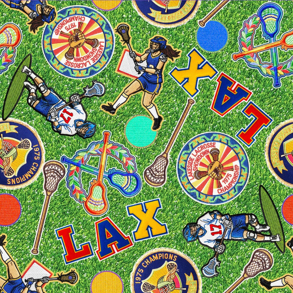 Game On Lacrosse Patches Green Sykel Enterprises Cotton Fabric SYK-10557-LAC