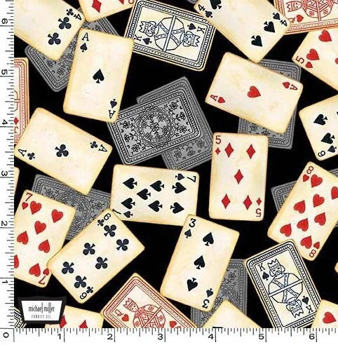 Game On Playing Cards Tossed Black Louise Nisbet Michael Miller Cotton Fabric
