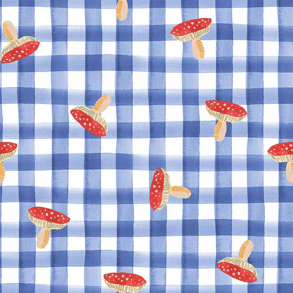 Garden Explorer Toadstool Gingham Mushrooms Tossed Indigo Blue Wee Blue Bell Lewis & Irene Cotton Fabric LI-WB028