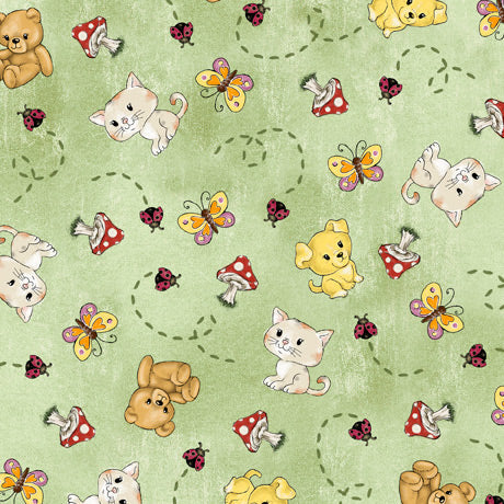 Garden Girls Animal & Garden Toss Light Green Ninette Parisi Quilting Treasures Cotton Fabric